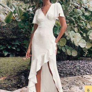 Eternal Bond White Satin Ruffled Flutter Sleeve Maxi